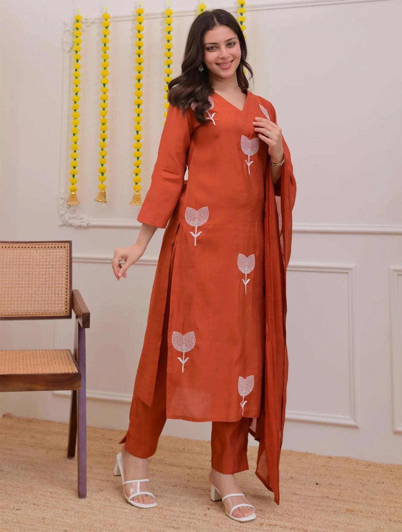 orange embroidered tesla kurti set